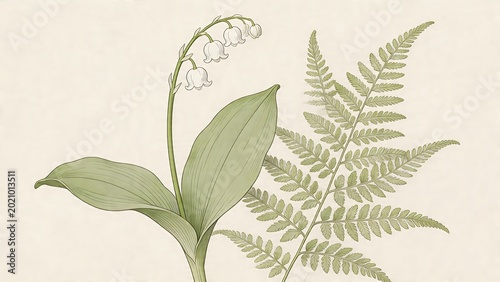 Botanical illustration of lily of the valley and fern