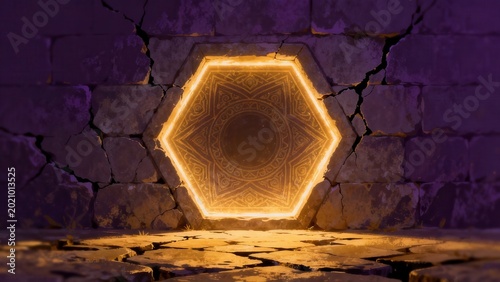Glowing hexagonal portal in stone wall