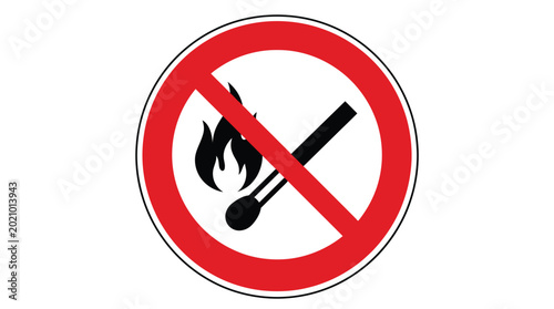 Prohibitory circular sign displaying a matchstick and fire graphic indicating that open flames are strictly forbidden