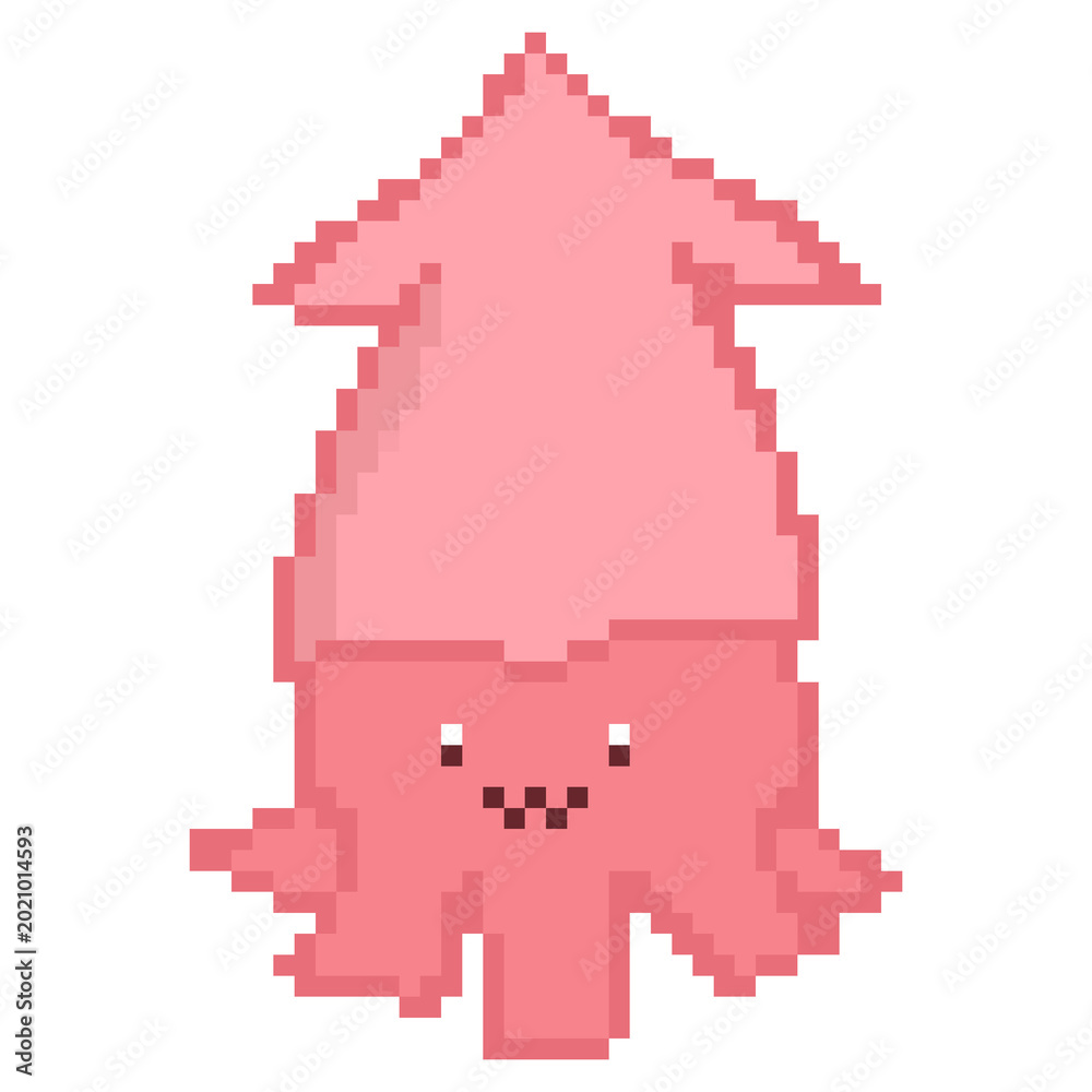Obraz premium Pixel art pink squid with arrow body and smiling face isolated on white