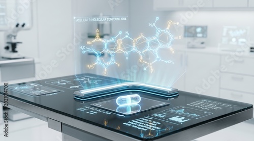 A glowing capsule rests on a digital lab table with a holographic molecular model. Concept biotech, pharma, drug discovery, healthcare, chemistry, ai research, innovation marketing. Generative AI.