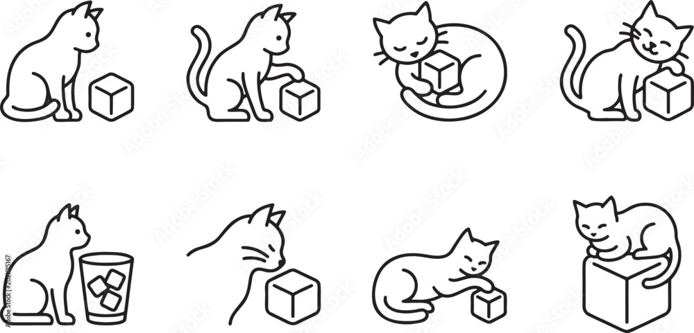 Obraz premium Minimalist cat playing with cube box and geometric object illustration set