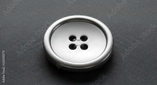 Classic Silver Metallic Four-Hole Button Sewn on Dark Gray Textured Fabric Close-Up