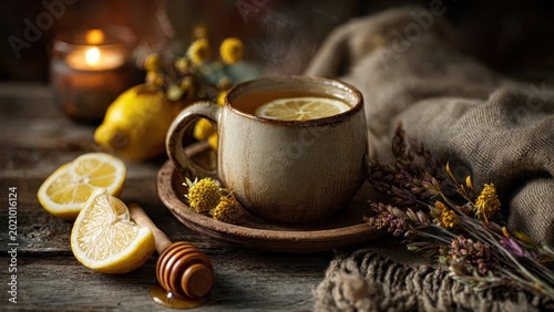 Steaming Cup of Lemon Tea with Honey Dipper and Dried Flowers on a Rustic Wooden Table, Cozy Wellness and Relaxation Scene