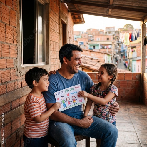 Happy Brazilian Father Receiving a Handmade Father's Day Card from His Son and Daughter on a Balcony in a Favela