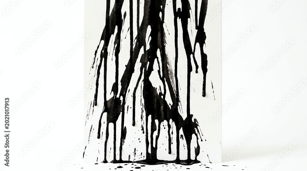 Fototapeta premium Abstract black ink splashes and drips on white background creating a dynamic artistic composition.