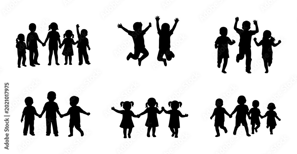 Fototapeta premium Diverse Children Silhouettes, Group of Kids Holding Hands, Jumping Joyfully, Vector Icons for Family, Childhood, Play, and Community Themes