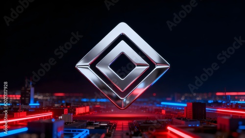 Futuristic cityscape with glowing logo