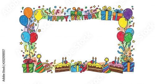 Hand-drawn happy birthday rectangular frame with colorful balloons, gift boxes, party hats, and cake slices on a black background