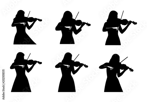 Foto Six Silhouette Vector Illustrations of Women Playing Violin, Classical Music Per