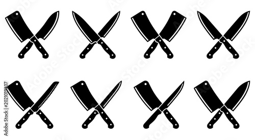Butcher knife icon set. Cross-shaped meat cutting knives. Professional butcher shop logo icons with crossed cleavers and knifes. Vector illustration.