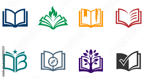 Set of eight colorful open book icons. Collection of stylized open books with distinct symbols like fire, pen, and tree. Vector illustration.
