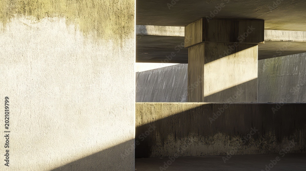 Fototapeta premium Brutalist concrete structures forming complex geometric patterns and strong shadows, reflecting modern architecture and urban design principles in abstract light