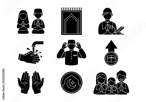 Bild auf Leinwand Muslim Prayer Ritual Symbols with Worshippers Quran and Ablution Elements