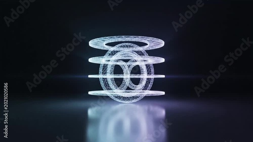 Glowing wireframe torus rings stacked in dark space with soft reflection, futuristic 3d abstract design