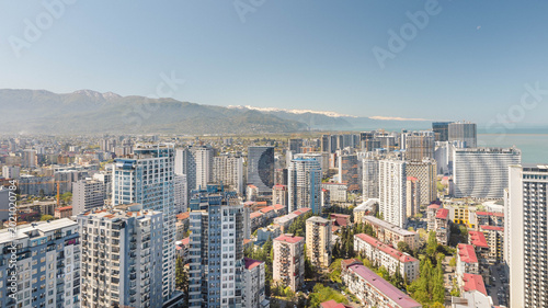 Canvastavla Batumi skyline with modern high-rise buildings, Black Sea coast and Caucasus mou