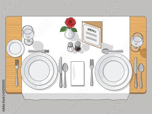 Elegant Table Setting for Two with Rose and Menu.