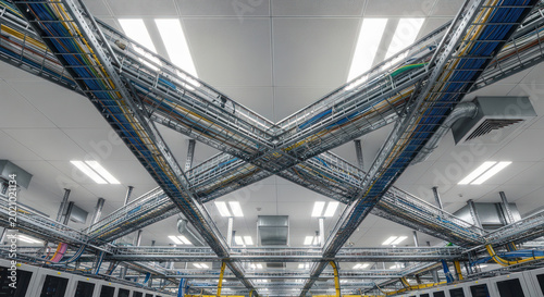 Data Center Ceiling with Complex Network Cable Management and Metal Trays