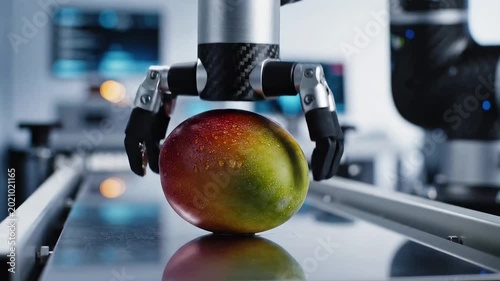 Close-up of a robotic gripper holding a ripe mango with water droplets on a production-line conveyor, high-tech lab background