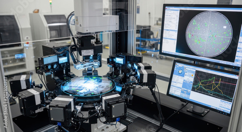 Semiconductor Wafer Inspection System Measuring Silicon Circuits in Clean Room