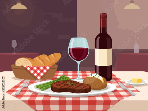 Quadro su tela Delicious Steak Dinner with Wine and Bread.