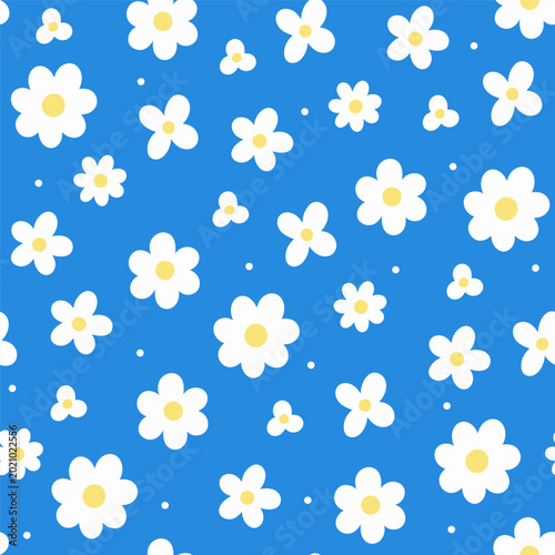 A simple seamless pattern with white flowers on a blue background. Vector graphics.