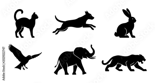 Photography Diverse Animal Silhouettes Collection: Cat, Dog, Rabbit, Eagle, Elephant, Panthe