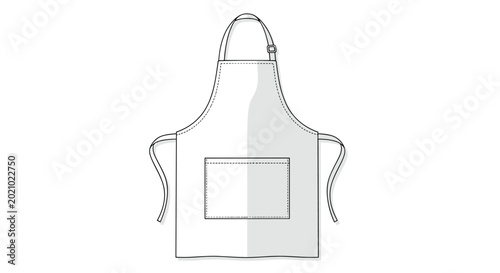 Simple line drawing of a white kitchen or work apron with a large front pocket and adjustable neck strap on white background.