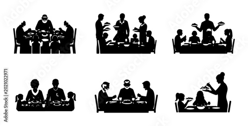 Obraz na płótnie Family Dining Silhouettes, Festive Meal Scenes, Gathering Together Vector Icons,