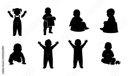Bild auf Leinwand Diverse Baby Silhouettes Collection, Infancy Stages Vector Icons, Childhood Pose