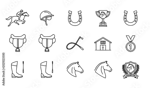 Bild auf Leinwand Minimal equestrian and horse racing line icons collection vector