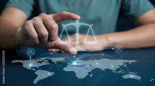 Global Data Regulation Concept: Hand Balancing Holographic Scale over Glowing World Map with GDPR and US AI Act Icons