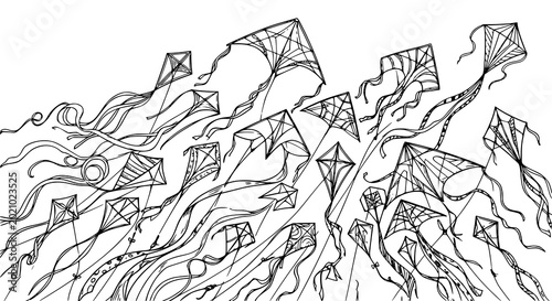 Fotografía Flying kites with ribbons vector sketch illustration for International Kite Day