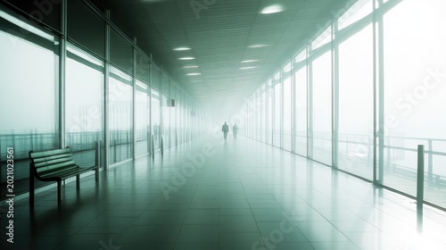 People walking toward distant light through a minimalist glass corridor, creating an abstract pathway of reflections, symmetry and calm atmosphere suggesting travel and progress