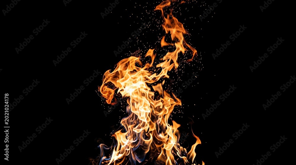 Fototapeta premium Dynamic Flame with Bright Orange and Yellow Colors Against Black Background.