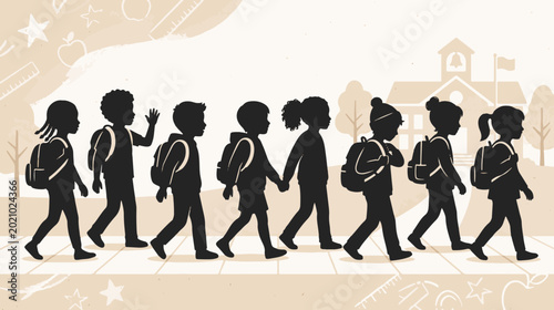 Students walking to school silhouette. The children are silhouetted against a light background, and they are carrying backpacks.