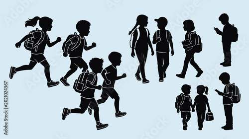 Silhouette of Children with Backpacks Ready for School