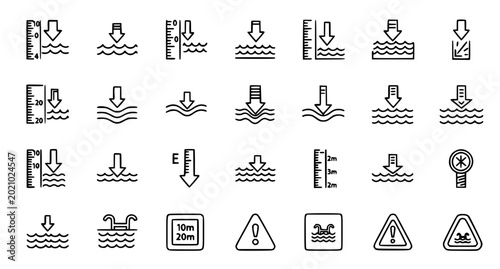 Foto Set of water level measurement icons featuring depth indicators and flood safety
