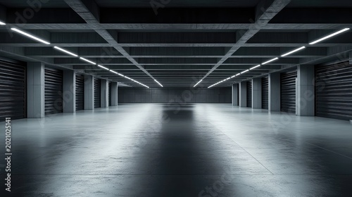 Empty industrial basement parking garage with rows of storage lockers, minimalist concrete structure, modern lighting and dark reflective floor creating a futuristic, symmetrical space