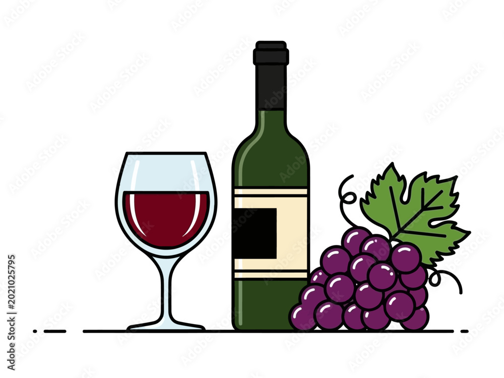 Obraz premium A glass of red wine next to a bottle and grapes.
