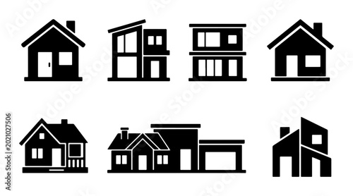 Obraz na płótnie Set of 7 diverse house icons vector, modern and traditional building silhouettes