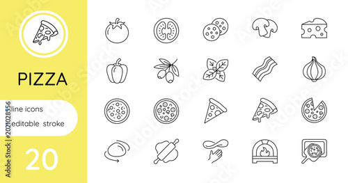 Pizza - ingredients, preparation. Set of linear icons. Editable outline.