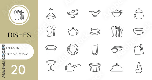 Kitchenware. Set of linear icons. Editable outline.