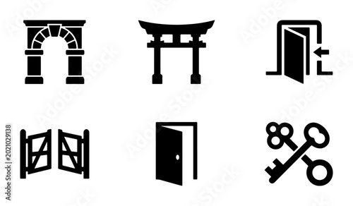 Tableau sur toile Architectural Entrance Icons: Arches, Gates, Doors, Torii, Keys, Vector Set for