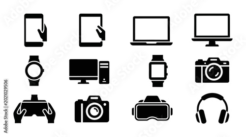 Photos Modern Digital Electronic Devices Icons Set Black Silhouettes