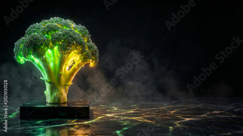 Broccoli as a treasure on black pedestal with glowing energy veins and smoke. Artistic concept of superfood, antioxidants, vitamins and the magic of healthy plant nutrition