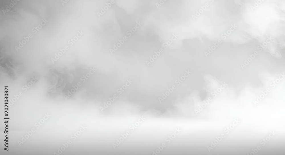Fototapeta premium Dense atmospheric mist blankets the foreground and background, creating a mysterious, empty white space suitable for design overlay or abstract concepts, gray, ethereal, volumetric