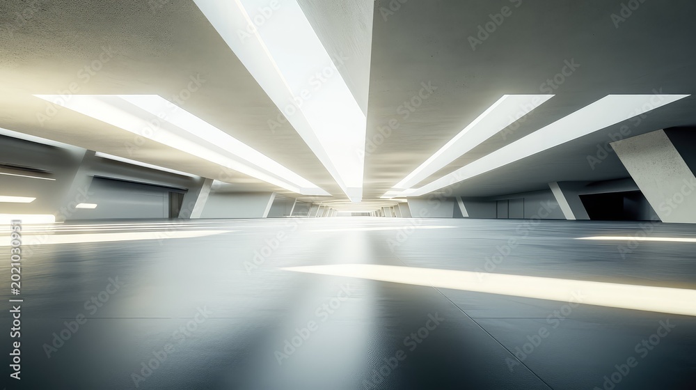 Obraz premium Futuristic interior space with bright natural light streaks down from ceiling skylights, creating a bright and minimalist environment with clean lines and a vast empty floor