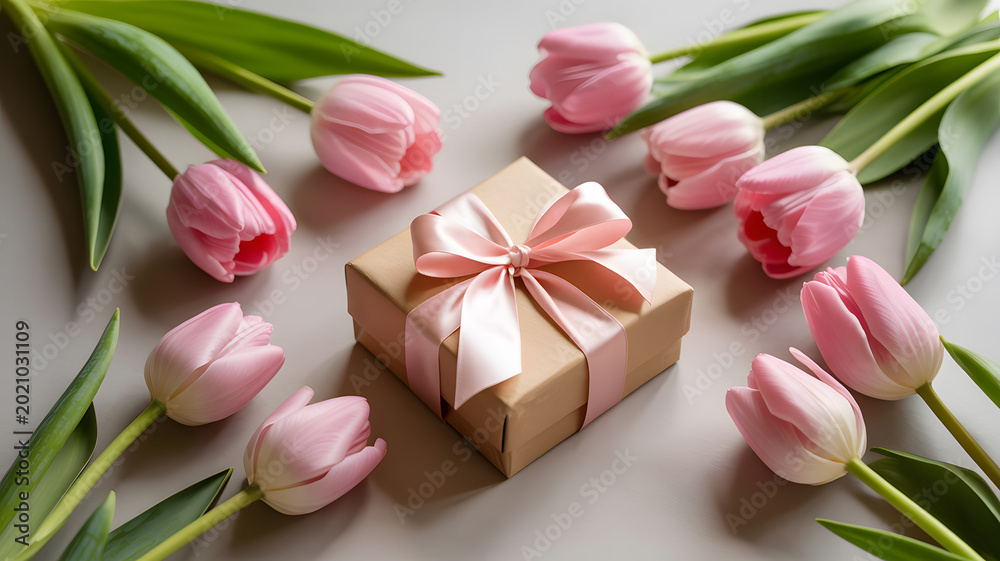 Fototapeta premium A beautifully wrapped gift box surrounded by pink tulips on a white surface