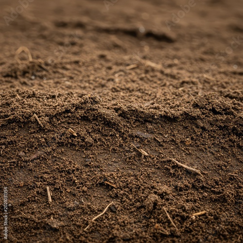 Extreme macro view of finely tilled, dry brown soil creating a textured background. Vast open space for text overlay, organic, copy space, agriculture